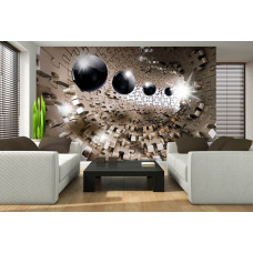 Een fotobehang van een abstracte 3D-puzzel met kogels in een tunnel.