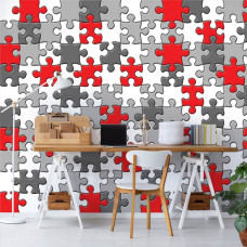 Een fotobehang met kleurrijke puzzelstukken, ideaal voor een kinderkamer.