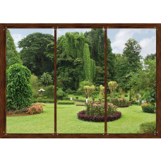 Een fotobehang met een raamzicht op een botanische tuin met weelderig groen en kleurrijke bloemen, waardoor het een serene en natuurlijke sfeer creėert in elke ruimte.