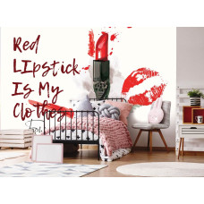 Een fotobehang van rode lippenstift met de tekst