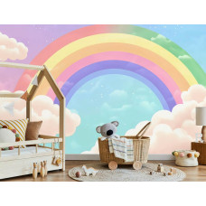 Fotobehang met een speelse regenboog en luchtige wolken in een stoere jongenskamer.