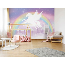 Een magisch fotobehang met een pegasus en sterren, ideaal voor een babykamer.