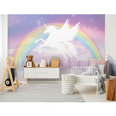 Een vrolijk regenboog-kinderbehang met unicorns en wolken, geschikt voor een kinderkamer.