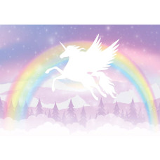Fotobehang met een Pegasus en eenhoorn die tussen wolken en sterren zweven, wat een magische sfeer creëert.