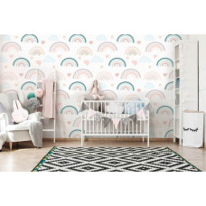Een regenboog-fotobehang in pastelkleuren, ideaal voor een babykamer.