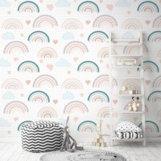 Een vrolijk fotobehang met een pastelregenboog, perfect voor een meisjeskamer.