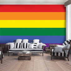 Een fotobehang met de regenboogvlag voor de woonkamer.