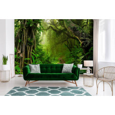 Een fotobehang met een tropisch regenwoud met hoge bomen en bladeren, perfect voor een woonkamer.