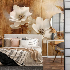 Een fotobehang van retro bloemen in vintage perkament kunststijl op vliesbehang in de slaapkamer.