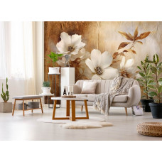 Een fotobehang van retro bloemen in vintage perkament kunststijl op vliesbehang in de woonkamer.