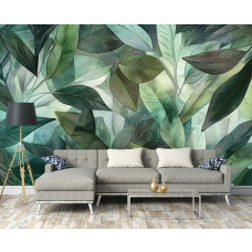 Fotobehang met gelaagde groene bladeren in moderne botanische stijl in een woonkamer.