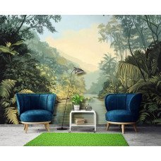 Fotobehang van een jungle met een rivier, geplaatst in een sfeervolle woonkamer.