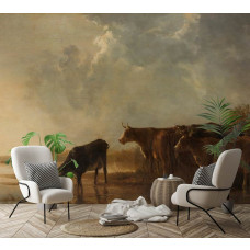 Een woonkamer met een fotobehang met een idyllisch rivierlandschap en grazende koeien, geïnspireerd op het meesterwerk van Aelbert Cuyp uit ca. 1650.