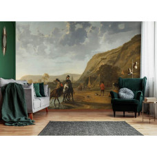 Een woonkamer met fotobehang met een weids rivierlandschap aan de Waal bij Nijmegen, met twee ruiters die hun paarden drenken en een herder met zijn rustende kudde, geïnspireerd op Aelbert Cuyp’s meesterwerk.
