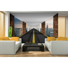 Een fotobehang met een 3D weergave van een New Yorkse straat.