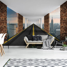 Een fotobehang met een 3D straatbeeld van New York voor een dynamische huiskamer.