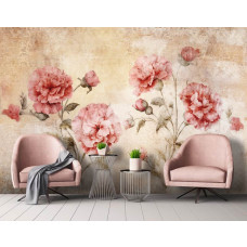 Een fotobehang van rode anjers in een vintage roze stijl voor een woonkamer.