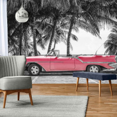 Fotobehang van een rode auto in Cuba met palmbomen en de zee op de achtergrond, perfect voor de woonkamer.