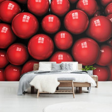 Een fotobehang met rode abstracte ballen in een kunstzinnig ontwerp, ideaal voor de slaapkamer.