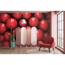 Een fotobehang met felrode ballen in een abstracte setting, perfect voor een winkel.