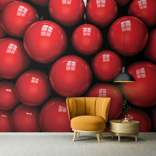 Een fotobehang met levendige rode ballen in een abstract kunstdesign, passend voor de woonkamer.