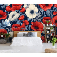 Een fotobehang van rode en witte bloemen met grote klaprozen in de slaapkamer.