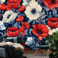 Een fotobehang van rode en witte bloemen met grote klaprozen op vliesbehang in de slaapkamer.