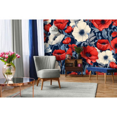 Een fotobehang van rode en witte bloemen met grote klaprozen in de woonkamer.