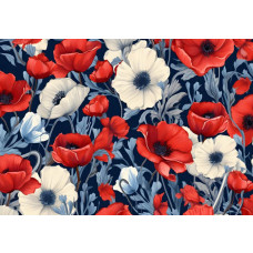 Rood-witte bloemen, waaronder grote klaprozen, zijn levendig afgebeeld op dit kleurrijke fotobehang.