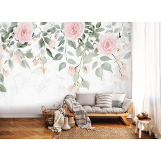 Fotobehang met elegante rozenbloemen op een witte achtergrond aan de muur van een sfeervolle woonkamer.