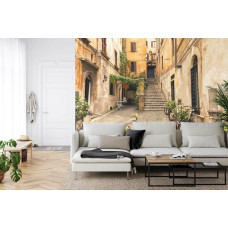 Een fotobehang met een romantische steeg in Rome, afgebeeld in een sfeervolle stijl, weergegeven in een woonkamer.
