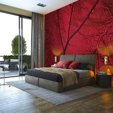 Een fotobehang van een rood blad in natuurlijke omgeving te zien in de woonkamer en slaapkamer