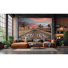 Fotobehang met Route 66 en Joshua Trees bij een kleurrijke zonsondergang in de woonkamer.