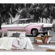 Fotobehang van een roze auto bij palmbomen, met tropische achtergrond, ideaal voor de slaapkamer.