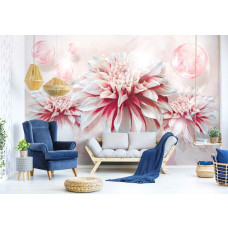 Een fotobehang met gedetailleerde roze bloemen in een artistieke opstelling.