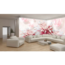 Een fotobehang met verschillende roze bloemen die een zachte uitstraling geven.