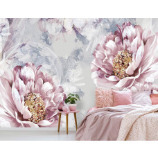 Een fotobehang van roze bloemen in kunststijl met beton, perfect voor in de slaapkamer.