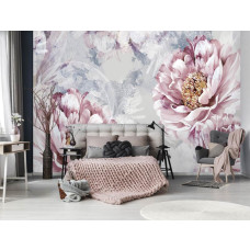 Een fotobehang van roze bloemen in kunststijl met beton, ideaal voor de woonkamer en slaapkamer.