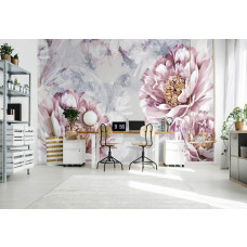 Een fotobehang van roze bloemen in kunststijl met beton in de woonkamer, met een moderne en verfijnde sfeer.