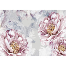 Fotobehang van roze bloemen op een achtergrond van beton, met een moderne en kunstzinnige uitstraling.