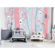 Een fotobehang met roze bomen in een pastelkleurig bos met sneeuw voor de babykamer.