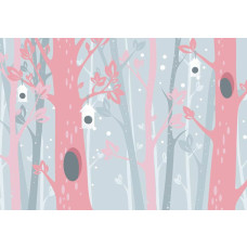 Fotobehang van roze bomen in een pastel sneeuwbos, zachte tinten.