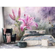 Een fotobehang van roze lelies met een romantisch ontwerp in een slaapkamer.