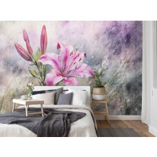 Een fotobehang van roze lelies in vliesbehangstijl voor een slaapkamer.