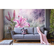 Een fotobehang van roze lelies in een elegante woonkamer.