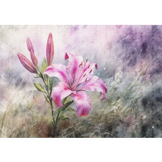 Fotobehang van roze lelies, weergegeven in een levendige bloemencompositie.