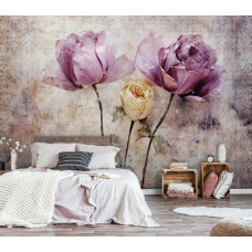 Een fotobehang van rozen in kunststijl met bloemen en beton in de huiskamer en slaapkamer.
