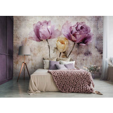 Een fotobehang van rozen in kunststijl met bloemen en beton in de woonkamer en slaapkamer.
