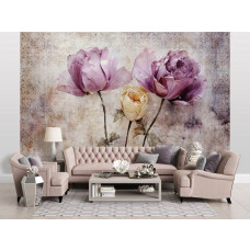 Een fotobehang van rozen in kunststijl met bloemen en beton in de woonkamer.