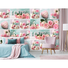 Een fotobehang met roze rozen in een romantische stijl, geschikt voor een kinderkamer of slaapkamer.